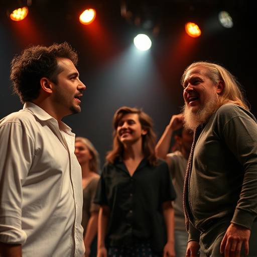 Two actors passionately performing a scene on stage